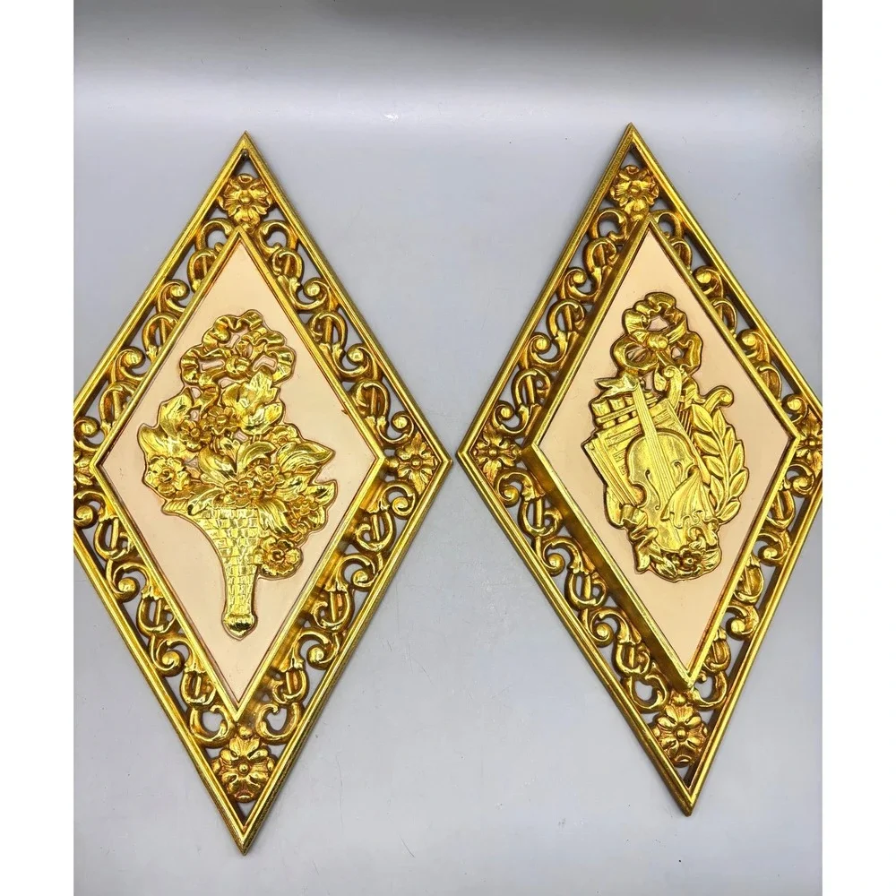 Vtg Syroco Diamond Shaped Wall Art Set Gold Tone Musical Notes Floral Hollywood